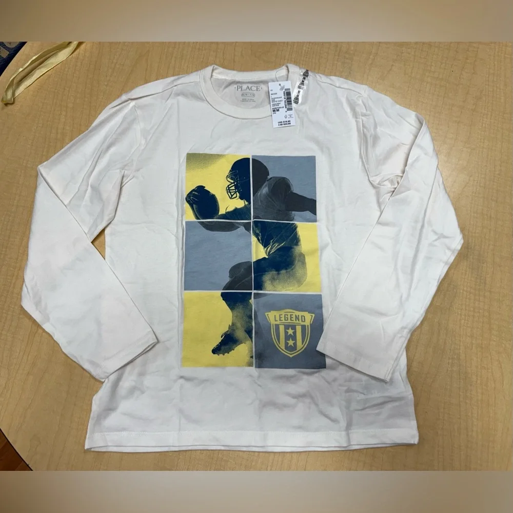 The Children's Place Cream Long Sleeve Tee with Yellow & Gray Football Graphic